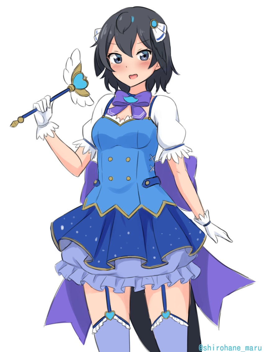 1girl :d absurdres alternate_costume black_hair blue_shirt blue_skirt blush cowboy_shot garter_straps gloves greater_lophorina_(kemono_friends) hair_ornament head_wings highres kemono_friends looking_at_viewer magical_girl medium_hair open_mouth puffy_short_sleeves puffy_sleeves shiraha_maru shirt short_sleeves simple_background skirt smile solo tail thighhighs twitter_username underskirt wand white_background white_gloves