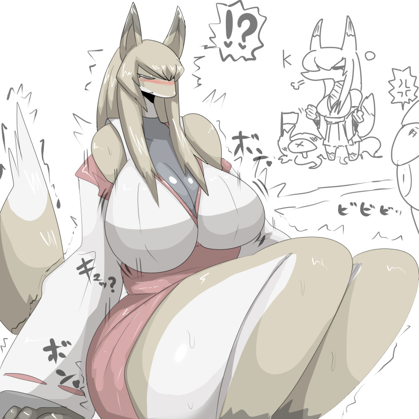 1:1 anthro big_breasts blush breasts canid canine cleavage clothed clothing dipstick_tail female fox hi_res huge_breasts inumatori mammal multicolored_tail simple_background white_background