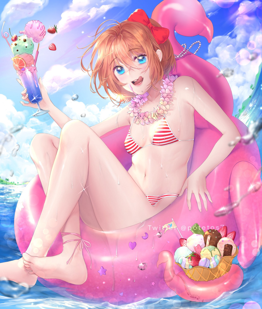 1girl :d ankle_ribbon bang bare_arms bare_shoulders barefoot bikini blue_eyes blue_sky bow breasts brown_hair cherry cloud commentary day doki_doki_literature_club english_commentary eyebrows_visible_through_hair feet finger_gun flower_wreath food food_on_face fruit hair_between_eyes hair_bow highres ice_cream ice_cream_scoop innertube looking_at_viewer macaron navel open_mouth outdoors parfait pink_ribbon potetos7 red_bow ribbon sayori_(doki_doki_literature_club) short_hair sky small_breasts smile solo strawberry striped striped_bikini swimsuit toes tongue tongue_out twitter_username water water_drop