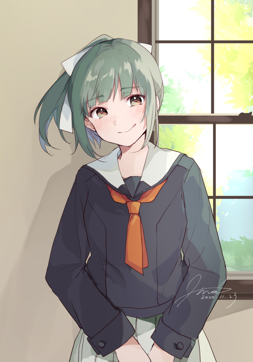 1girl blush bow brown_eyes dated eyebrows_visible_through_hair green_hair grey_skirt hair_bow highres hiroi09 indoors kantai_collection long_sleeves looking_at_viewer necktie orange_neckwear pleated_skirt ponytail remodel_(kantai_collection) school_uniform serafuku signature skirt smile solo white_bow window yuubari_(kantai_collection)