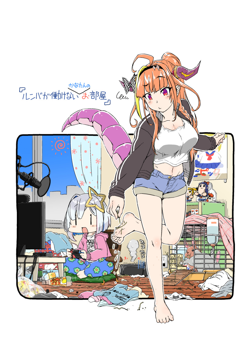 2girls ahoge amane_kanata barefoot breasts bunny cage casual denim denim_shorts doukyo's dragon_horns dragon_tail figure halo highres hololive hood hoodie horns jacket kiryuu_coco large_breasts laundry_basket long_hair messy_room microphone midriff moroyan multiple_girls navel nintendo_switch orange_hair pipimi playing_games ponytail poptepipic popuko poster_(object) roomba shorts silver_hair sitting straw_(stalk) tail television track_jacket trash_bag