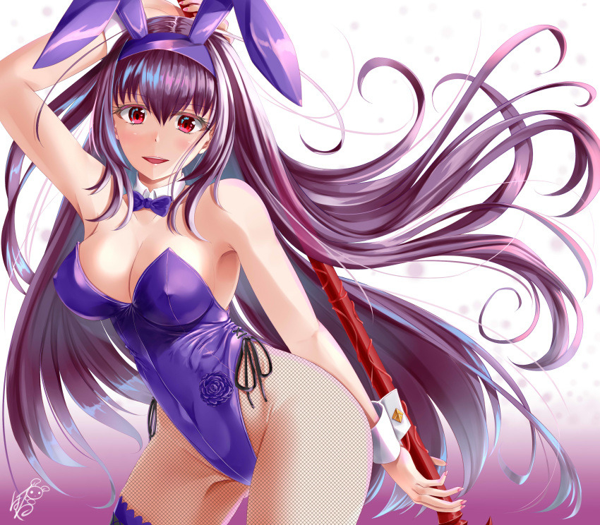 1girl absurdres animal_ears ayakase_hotaru bow bowtie breasts bunny_ears cleavage commentary_request covered_nipples cowboy_shot detached_collar fake_animal_ears fate/grand_order fate_(series) fishnet_legwear fishnets gae_bolg highleg highleg_leotard highres large_breasts leotard long_hair pantyhose piercing_bunny playboy_bunny polearm purple_hair purple_leotard purple_neckwear red_eyes scathach_(fate)_(all) scathach_(fate/grand_order) solo spear strapless strapless_leotard very_long_hair weapon wrist_cuffs