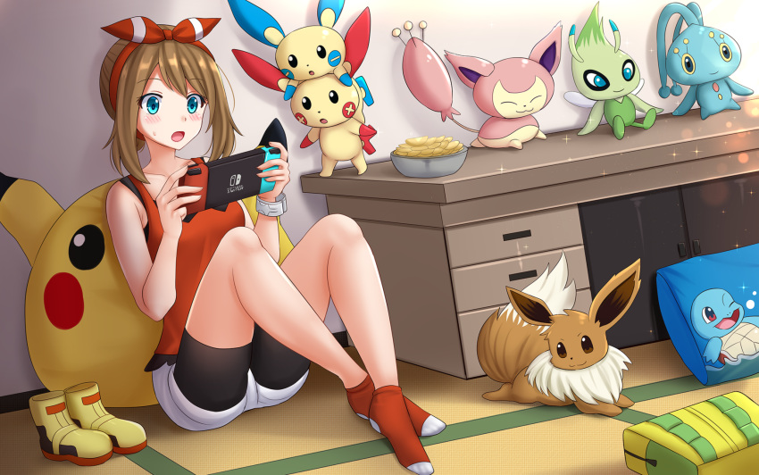 1girl ankle_socks bag bangs bare_arms bare_shoulders bike_shorts bike_shorts_under_shorts black_shorts blue_eyes blush boots boots_removed bowl brown_hair celebi chips commentary commission crossed_ankles desk eevee eyebrows_visible_through_hair food gen_1_pokemon gen_2_pokemon gen_3_pokemon gen_4_pokemon hairband hands_up highres holding indoors kazenokaze knees_up manaphy may_(pokemon) minun mythical_pokemon nintendo_switch on_floor open_mouth pikachu pillow plusle pokemon pokemon_(creature) pokemon_(game) pokemon_rse potato_chips red_hairband red_legwear red_tank_top short_shorts shorts shorts_under_shorts sidelocks sitting skitty squirtle sweat tank_top white_shorts yellow_footwear