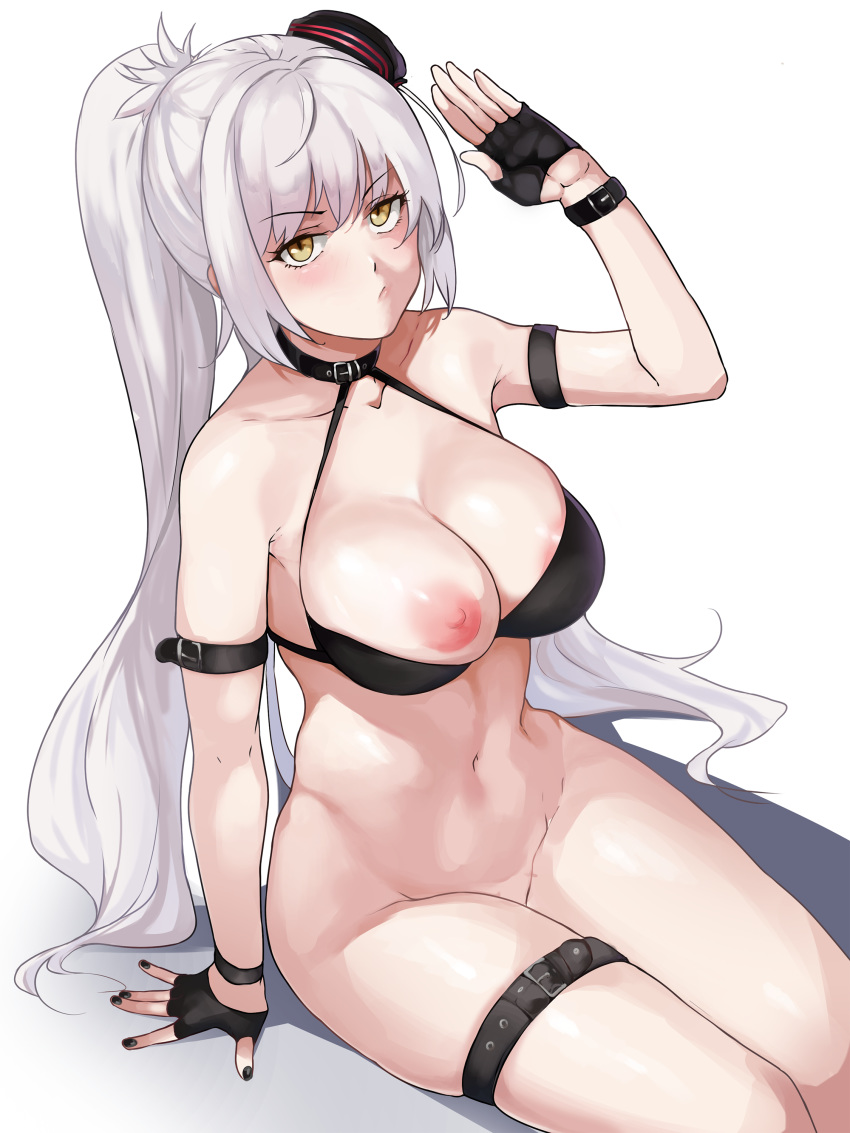 1girl absurdres bikini bikini_top black_bikini black_gloves black_headwear black_nails bottomless breasts commission fate/grand_order fate_(series) fingerless_gloves gloves hat highres jeanne_d'arc_(alter)_(fate) jeanne_d'arc_(fate)_(all) large_breasts long_hair mystery_treasure navel nipples one_breast_out ponytail sailor_hat silver_hair sitting solo swimsuit tilted_headwear todding yellow_eyes