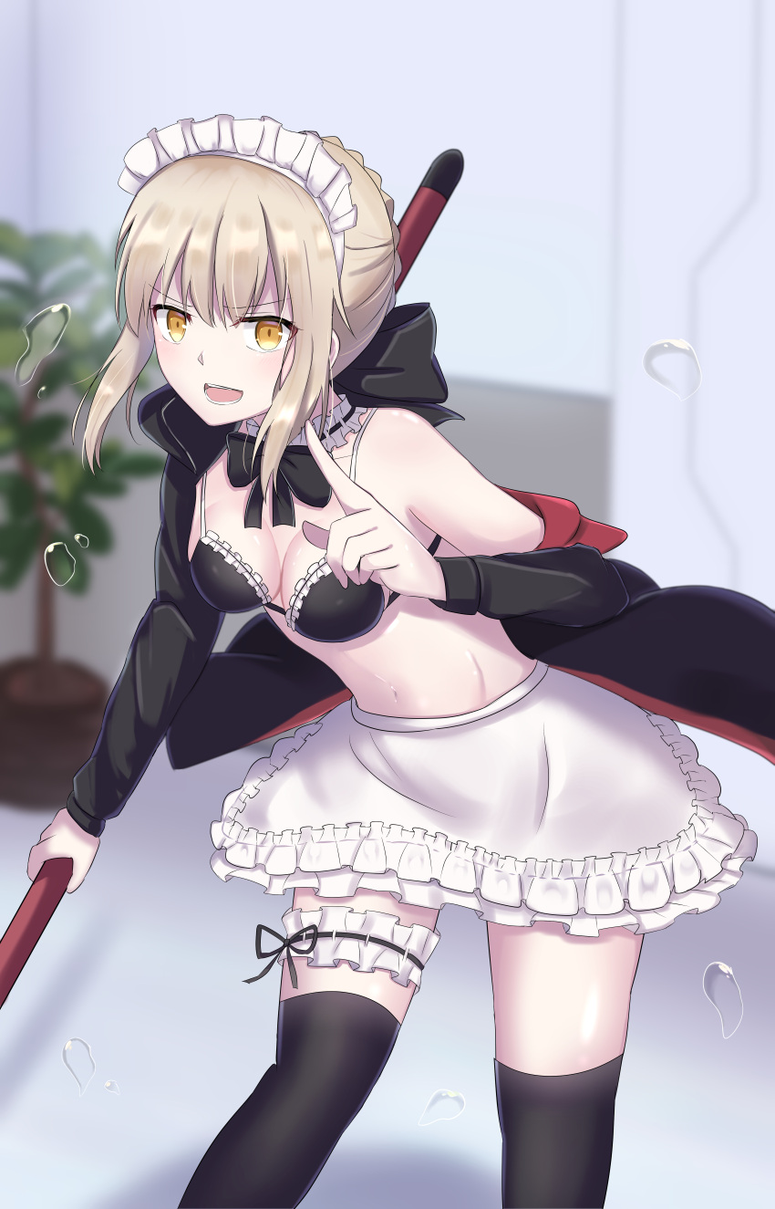 1girl absurdres apron artoria_pendragon_(alter_swimsuit_rider)_(fate) artoria_pendragon_(fate) bangs bare_shoulders bikini black_legwear blonde_hair blush breasts eyebrows_behind_hair eyebrows_visible_through_hair fate/grand_order fate_(series) hair_between_eyes highres holding holding_mop indoors leg_belt looking_at_viewer maid maid_apron maid_bikini maid_headdress mop open_mouth ribbon sii_artatm smile solo stomach swimsuit thighhighs yellow_eyes