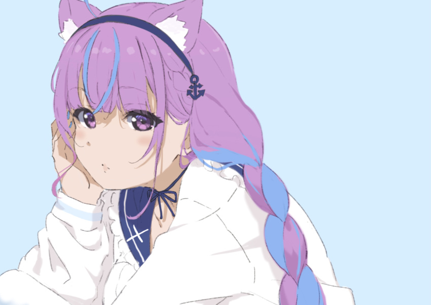 1girl ahoge black_hairband blue_background blue_hair blue_sailor_collar braid chin_rest closed_mouth hairband highres hololive icehotmilktea long_hair long_sleeves looking_at_viewer minato_aqua multicolored_hair puffy_long_sleeves puffy_sleeves purple_eyes purple_hair sailor_collar shirt simple_background sleeves_past_wrists solo two-tone_hair upper_body virtual_youtuber white_shirt