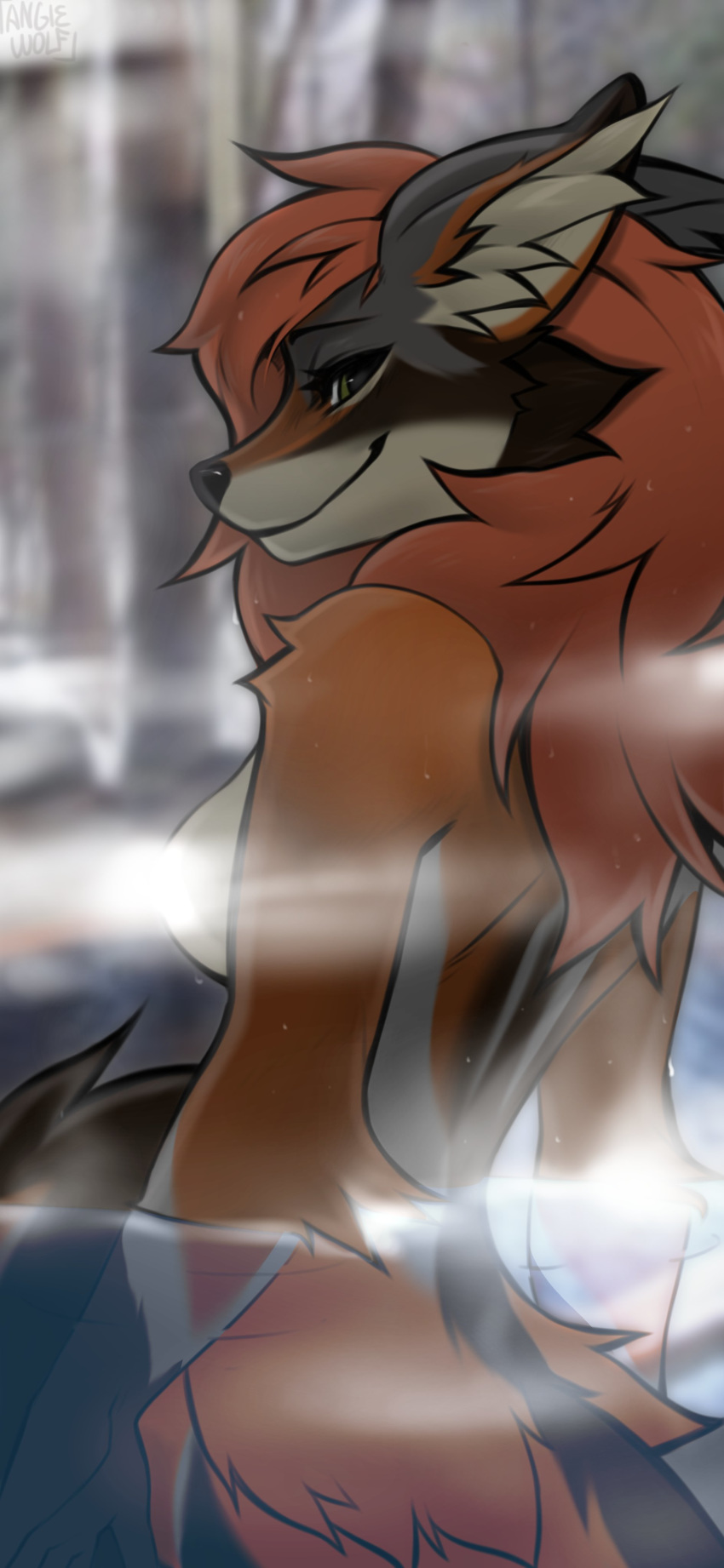 2020 5_fingers absurd_res angiewolf anthro black_nose breasts brown_body brown_fur canid canine canis digital_media_(artwork) eyebrows eyelashes female fingers fur green_eyes grey_body grey_fur hi_res mammal red_wolf smile solo tan_body tan_fur wolf