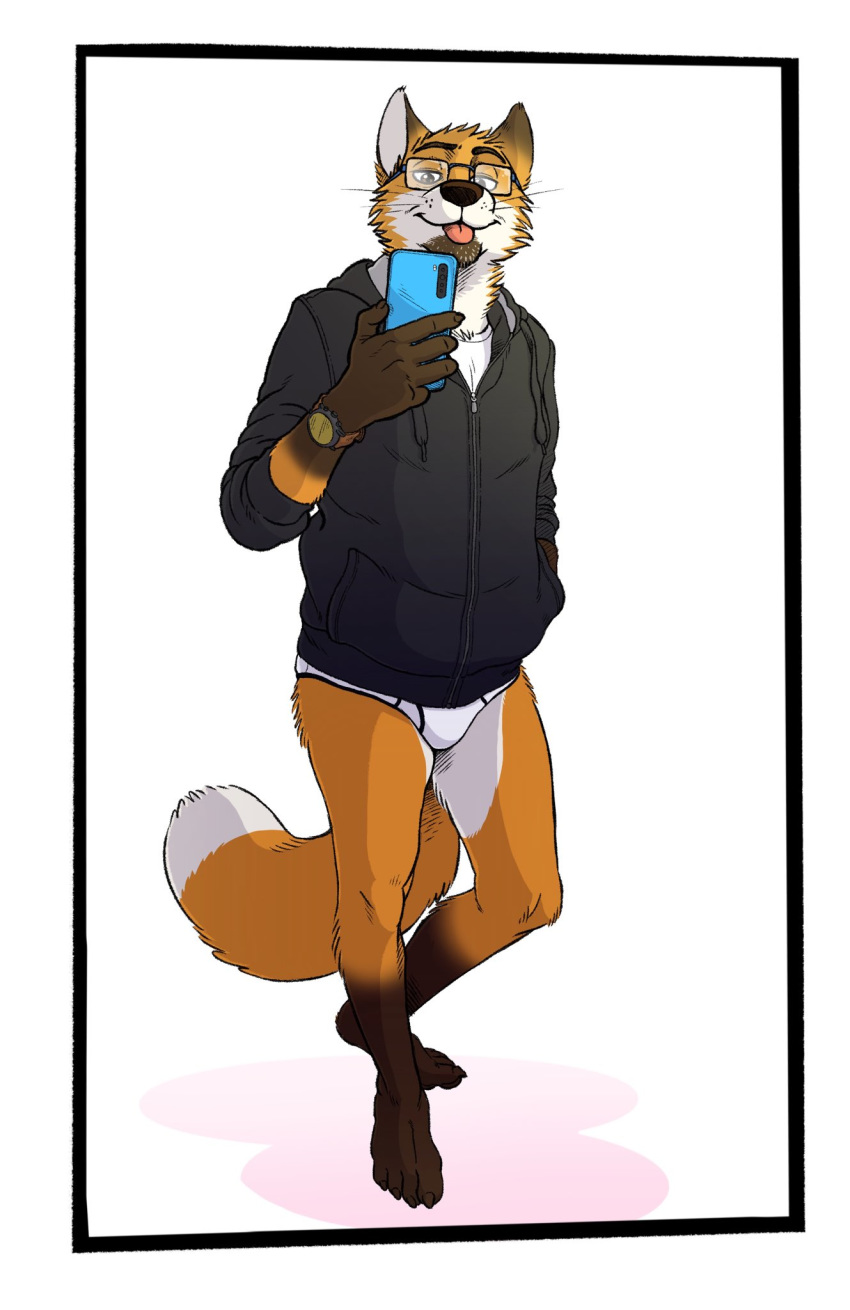 anthro black_clothing black_hoodie black_topwear blep briefs canid canine clothing drawyourfursona fox hi_res hoodie hoodie/briefs_meme male mammal meme meme_clothing rayfkm selfie simple_background solo standing tongue tongue_out topwear underwear white_clothing white_underwear