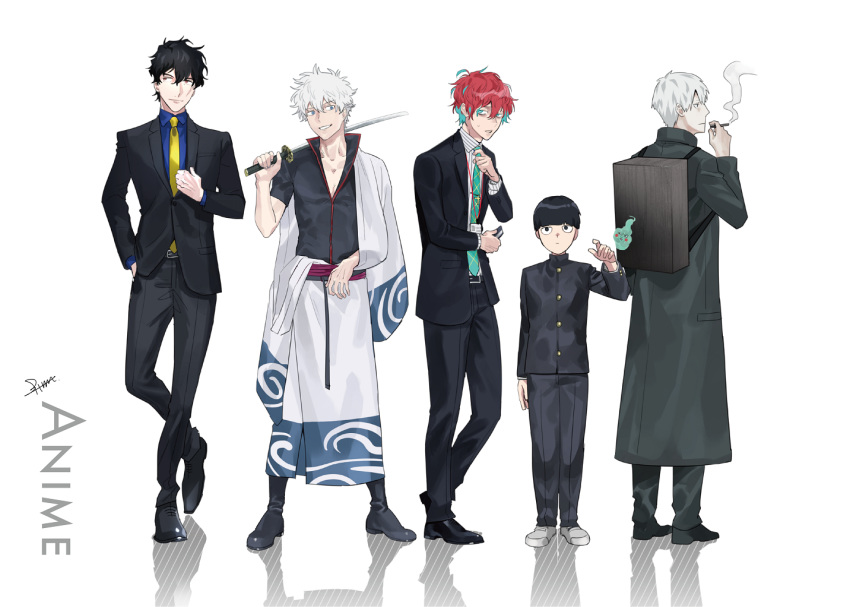 5boys backpack bag bangs black_footwear black_hair black_jacket blue_hair blue_neckwear bowl_cut btmr_game crossover ekubo_(mob_psycho_100) formal gakuran ginko gintama holding holding_weapon hypnosis_mic id_card jacket japanese_clothes kageyama_shigeo kannonzaka_doppo kekkai_sensen lanyard long_sleeves male_focus mob_psycho_100 multicolored_hair multiple_boys mushishi necktie over_shoulder pants red_hair sakata_gintoki scar scar_on_face school_uniform shirt signature simple_background smoke smoking standing steven_a._starphase suit sweat sword weapon weapon_over_shoulder white_background white_hair yellow_neckwear