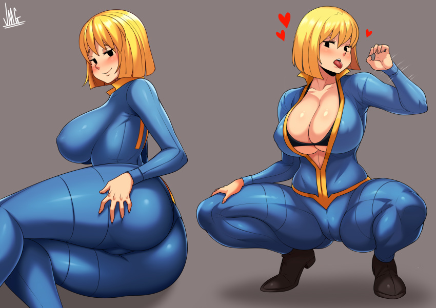 1girl ass blonde_hair blue_bodysuit blush bodysuit breasts covered_nipples fallout_(series) fallout_4 grey_background heart highres huge_breasts jmg large_breasts long_hair looking_at_viewer multiple_views short_hair simple_background squatting thick_thighs thighs unzipped vault_girl