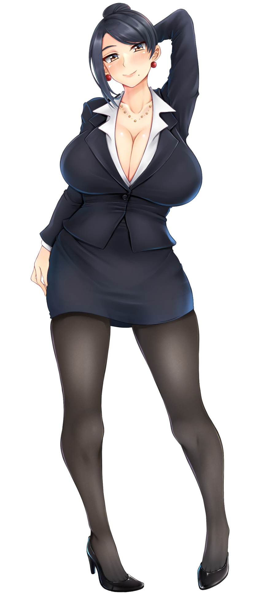 1girl absurdres bijin_onna_joushi_takizawa-san black_footwear black_hair black_jacket black_legwear black_skirt breasts brown_eyes business_suit collared_shirt dress_shirt earrings formal full_body hair_bun high_heels highres jacket jewelry large_breasts miniskirt mole mole_under_mouth necklace office_lady pantyhose pearl_necklace pencil_skirt shirt siki2046 skirt skirt_suit solo standing suit takizawa_kyouko white_shirt