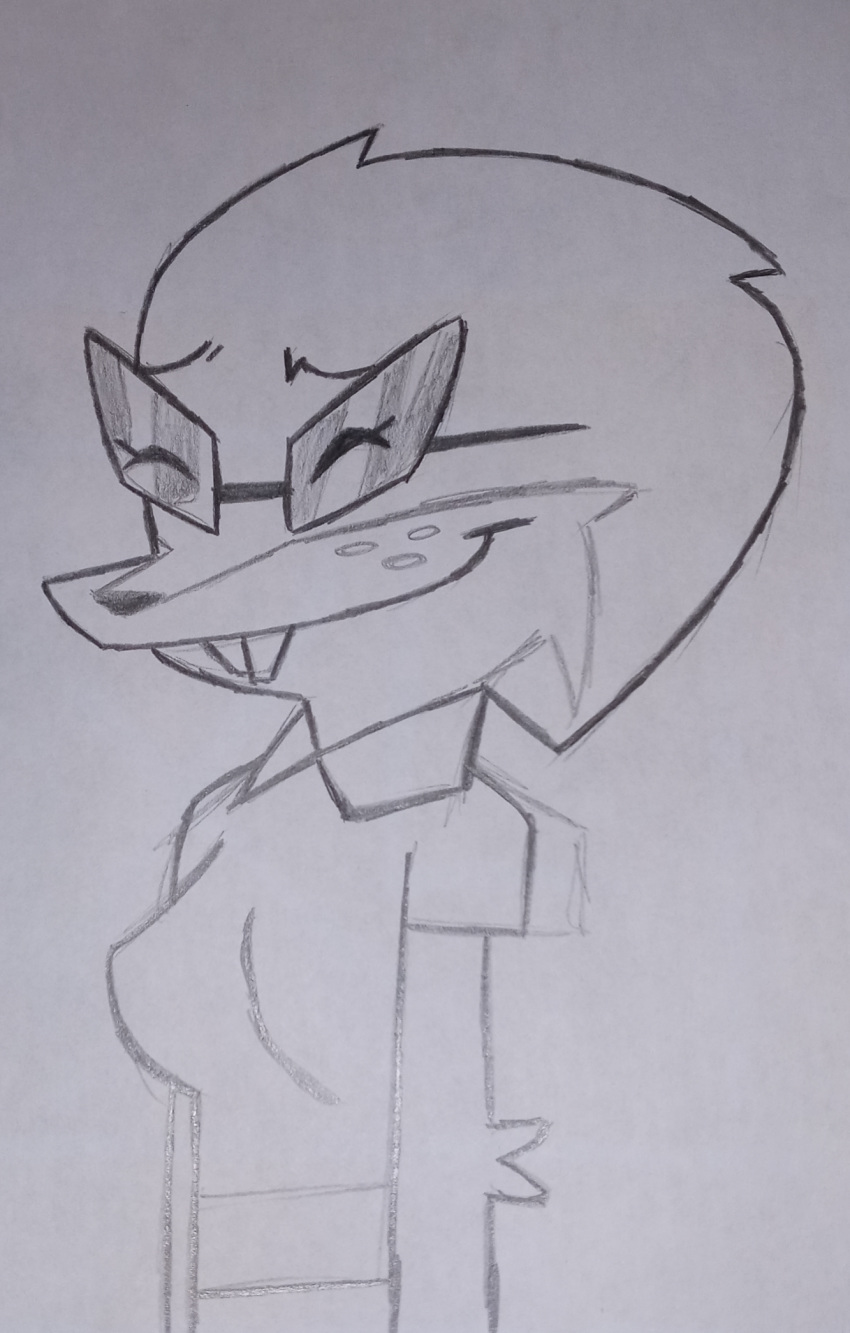 anthro buckteeth canid canine clothing colorless eyewear female fox freckles geeky glasses happy hi_res humanoid hybrid laugh lena_acornfoxx line_art mammal masterofmagic1997 rodent rushed sciurid shirt sketch skinny smile solo teeth topwear traditional_media_(artwork)