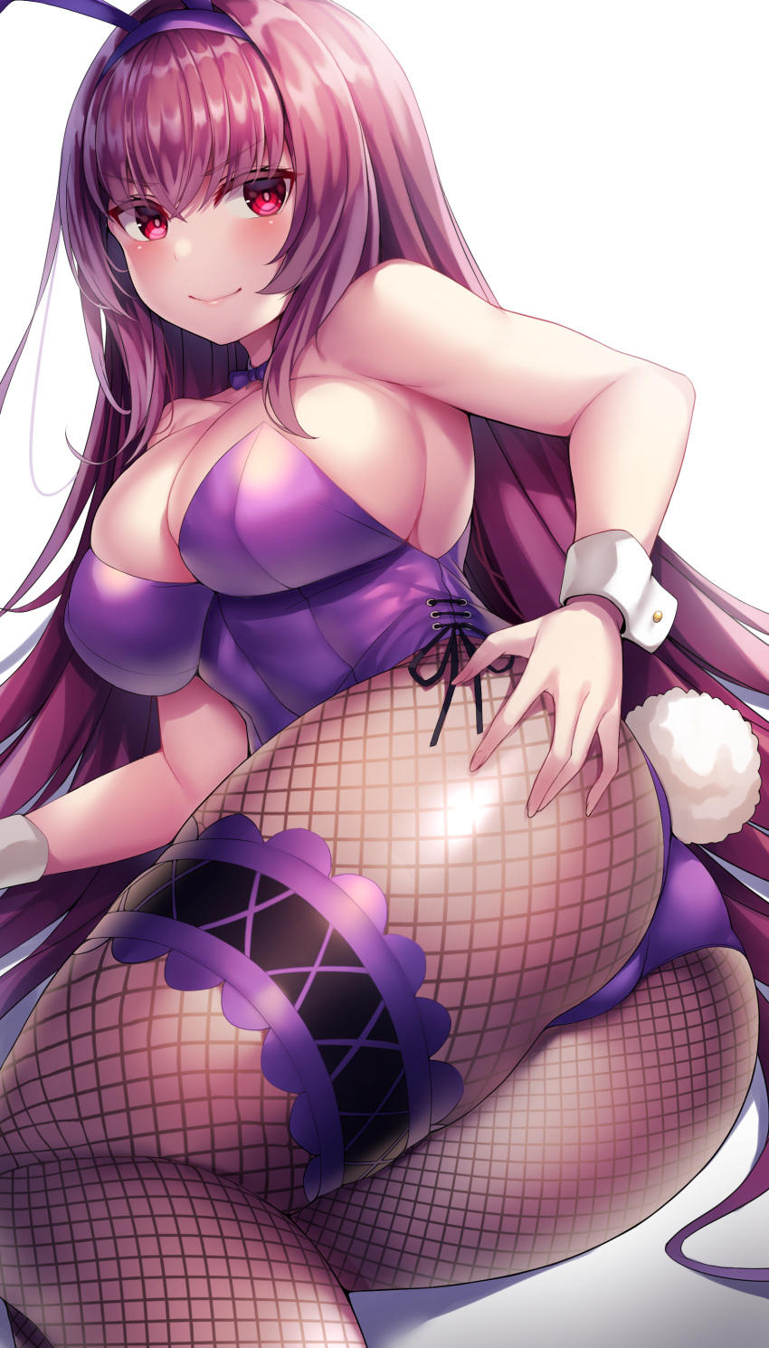 1girl absurdres alternate_costume animal_ears ass ass_grab breasts bunny_ears bunny_tail detached_collar fake_animal_ears fake_tail fate/grand_order fate_(series) fishnet_legwear fishnets hair_intakes hairband highleg highleg_leotard highres large_breasts leotard long_hair nano_(syoutamho) piercing_bunny playboy_bunny purple_hair purple_hairband purple_leotard purple_neckwear scathach_(fate)_(all) scathach_(fate/grand_order) simple_background smile solo strapless strapless_leotard tail wrist_cuffs