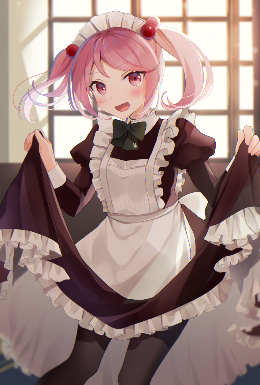1girl absurdres alternate_costume apron black_bow black_dress black_legwear black_neckwear bow bowtie curtsey dress enmaided eyebrows_visible_through_hair frilled_dress frills hair_bobbles hair_ornament highres indoors juliet_sleeves kantai_collection light_blush long_sleeves looking_at_viewer maid maid_apron maid_headdress open_mouth pantyhose pink_eyes pink_hair puffy_sleeves sazanami_(kantai_collection) short_hair short_twintails skirt_hold smile solo twintails white_apron yunamaro