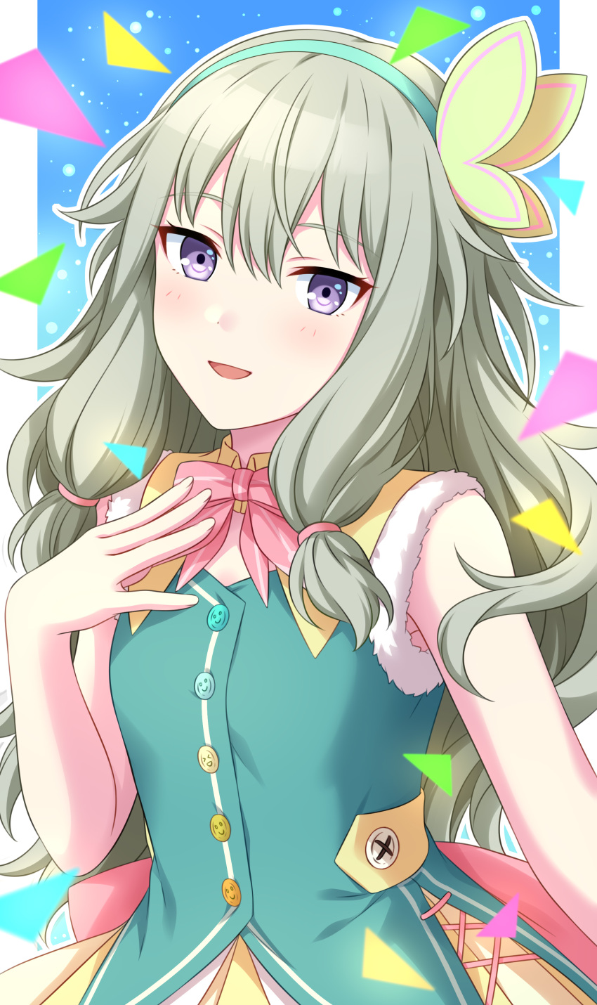 1girl :d absurdres blue_background blue_vest blush butterfly_hair_ornament fur-trimmed_vest grey_hair hair_ornament hairband hand_on_own_chest hand_up head_tilt highres kusanagi_nene long_hair looking_at_viewer miniskirt multicolored_buttons open_mouth project_sekai purple_eyes sekina skirt smile smiley_face solo upper_body vest