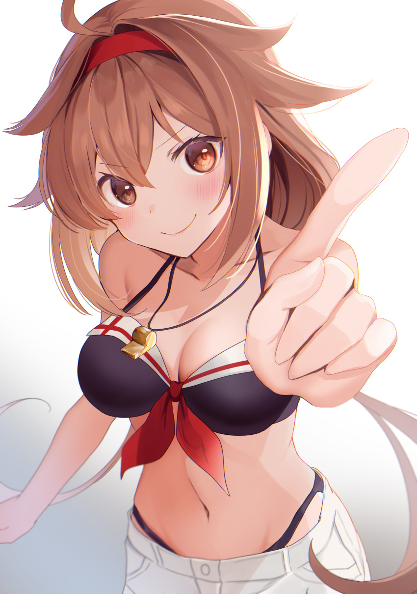 1girl absurdres adapted_costume alternate_costume bangs bikini blush breasts brown_eyes brown_hair cleavage hair_between_eyes hair_flaps hairband highres index_finger_raised kantai_collection long_hair looking_at_viewer low_twintails medium_breasts red_hairband remodel_(kantai_collection) shiratsuyu_(kantai_collection) shorts smile swimsuit twintails whistle whistle_around_neck yunamaro