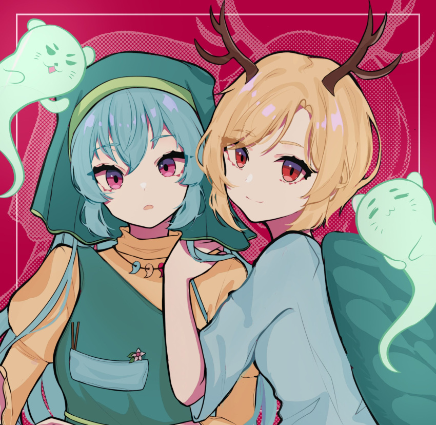 2girls antlers apron aqua_hair bangs blue_shirt commentary drop_shadow english_commentary green_headwear hand_on_another's_shoulder haniyasushin_keiki harukim_(kimharu606) head_scarf highres kicchou_yachie long_hair looking_at_viewer looking_back magatama_necklace multiple_girls open_mouth otter_spirit_(touhou) puffy_sleeves purple_eyes red_background red_eyes shirt short_hair touhou turtle_shell upper_body yellow_shirt