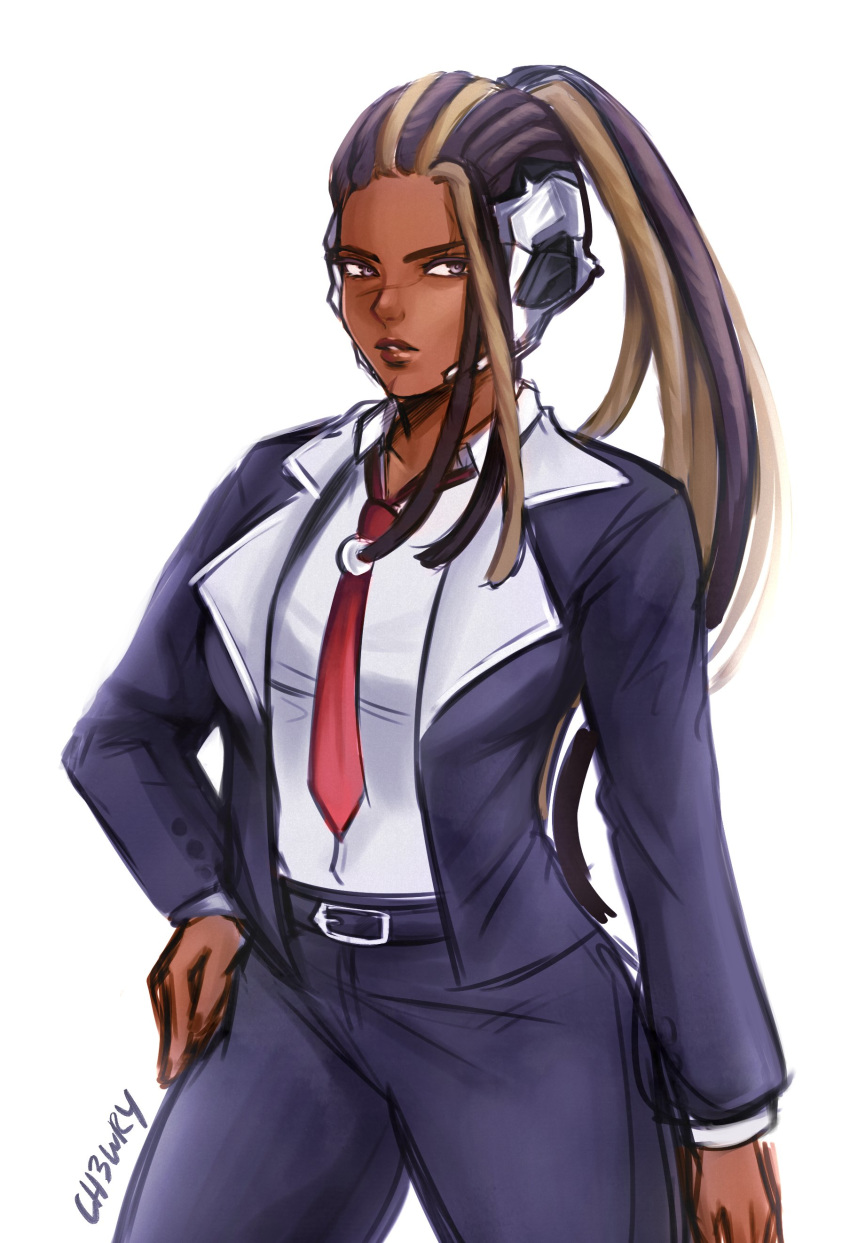 1girl absurdres alternate_costume black_hair black_suit brown_eyes brown_hair ch3wry dark_skin dark_skinned_female english_commentary forehead formal hairlocs hand_on_hip headgear highres long_hair master_raven necktie pant_suit ponytail red_neckwear scar scar_on_face scar_on_nose solo standing suit tekken tekken_7 very_dark_skin