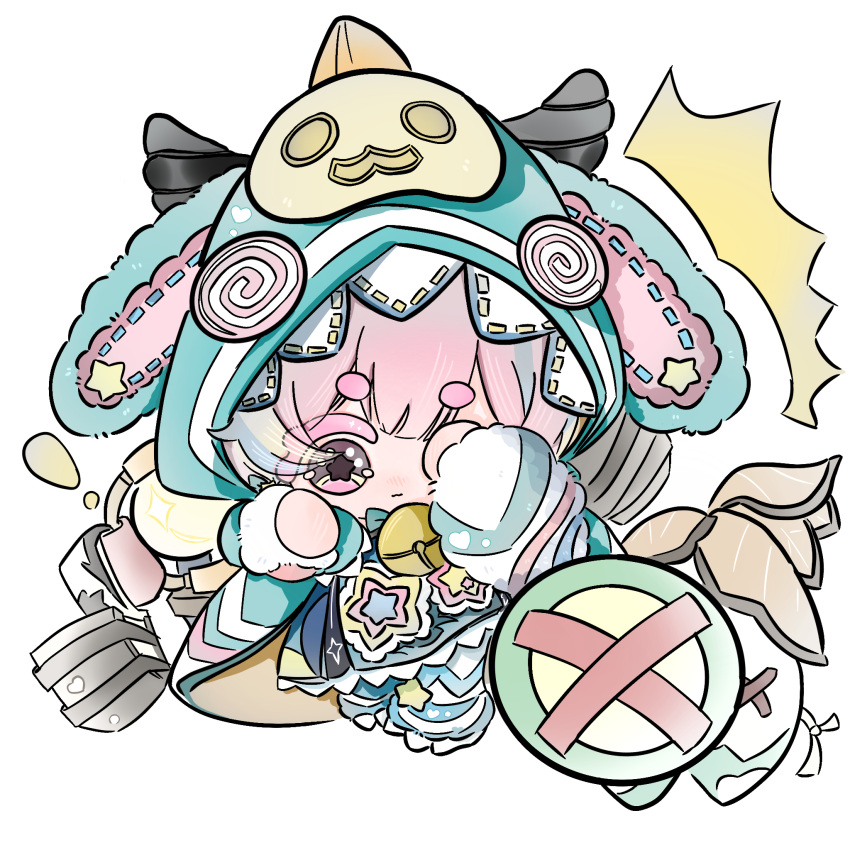 ! 1girl ^^^ animal_costume animal_ear_hood aqua_bow aqua_bowtie aqua_coat aqua_pantyhose bell black_horns blue_dress blue_shoes blunt_bangs bow bowtie brown_eyes chibi closed_mouth coat colored_eyelashes commentary_request deepwood_dream_(infinity_nikki) dragon_costume dragon_horns dress esseling_(infinity_nikki) fur_arm_warmers guayanshaoyuhuangshaotian85937 heartbud_pouch_(infinity_nikki) highres holding holding_shield hood hood_up hooded_coat horned_hood horns infinity_nikki lace-trimmed_dress lace_trim looking_at_creature neck_bell nikki_(nikki) nikki_(series) one_eye_covered open_clothes open_coat pantyhose paw_shoes pink_hair print_dress shield shoes short_dress short_hair simple_background standing star-shaped_pupils star_(symbol) star_print striped_clothes striped_pantyhose surprised symbol-shaped_pupils two-tone_pantyhose white_arm_warmers white_background white_pantyhose