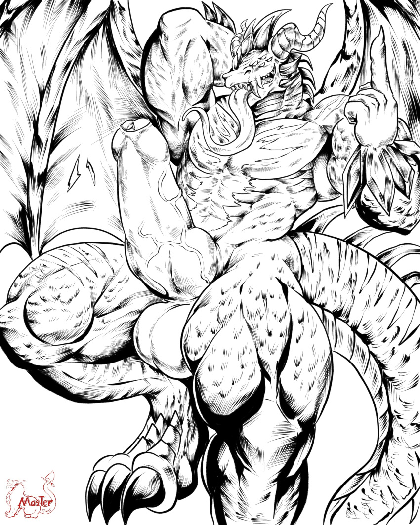 3_toes 4:5 absurd_res anthro balls big_balls big_muscles big_penis black_and_white corrursys dragon feet foreskin genitals hand_behind_head hi_res horn huge_penis humanoid_feet humanoid_genitalia humanoid_penis long_tongue male monochrome multi_eye muscular muscular_anthro muscular_legs muscular_male penis scalie sharp_teeth solo teeth thefastza toes tongue tongue_out uncut vein veiny_penis western_dragon wings