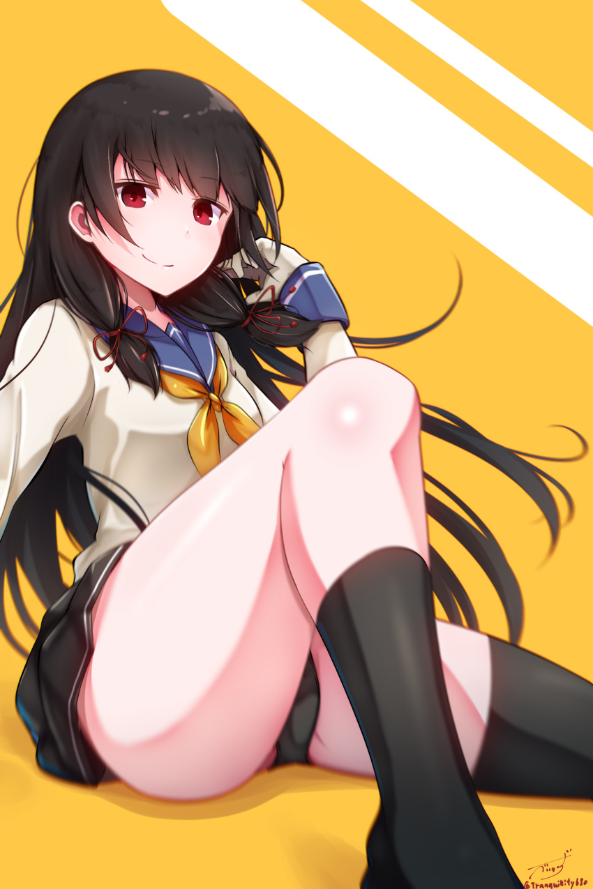 1girl absurdres artist_name baileys_(tranquillity650) black_hair black_legwear black_panties black_skirt blue_sailor_collar closed_mouth eyebrows_visible_through_hair gloves hair_ribbon highres isokaze_(kantai_collection) kantai_collection kneehighs long_hair long_sleeves neckerchief panties pleated_skirt red_eyes red_ribbon ribbon sailor_collar school_uniform serafuku signature single_kneehigh single_thighhigh skirt smile solo thighhighs tress_ribbon twitter_username underwear white_gloves yellow_neckwear