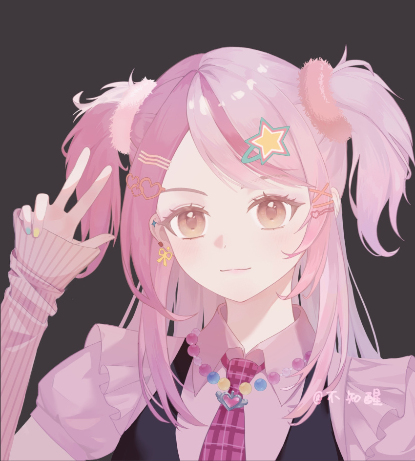 1girl aqua_nails bead_necklace beads black_background black_vest brown_eyes closed_mouth collared_shirt commentary dot_nose ear_piercing earrings eyelashes frilled_vest frills guzhixiao gyaru hair_ornament hair_scrunchie hairclip happy heart heart_hair_ornament heart_necklace highres infinity_nikki jewelry light_blush light_smile lips long_hair multicolored_hair multicolored_nails multiple_piercings nail_polish necklace necktie nikki_(series) parallel_hairclips piercing pink_arm_warmers pink_hair pink_lips pink_necktie pink_scrunchie pink_shirt plaid_clothes plaid_necktie puffy_short_sleeves puffy_sleeves ribbon ribbon_earrings rosie_sweetheart_(infinity_nikki) scrunchie shirt short_sleeves simple_background single_earring solo split-color_hair star_(symbol) star_hair_ornament symbol-only_commentary two_side_up upper_body v vest x_hair_ornament y2k_fashion yellow_nails yellow_ribbon