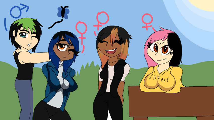 1boy 3girls anasia123 billie_eilish black_hair genderswap genderswap_(ftm) genderswap_(mtf) grass highres jacket juice_wrld lil multiple_girls peep xxxtentacion yellow_jacket