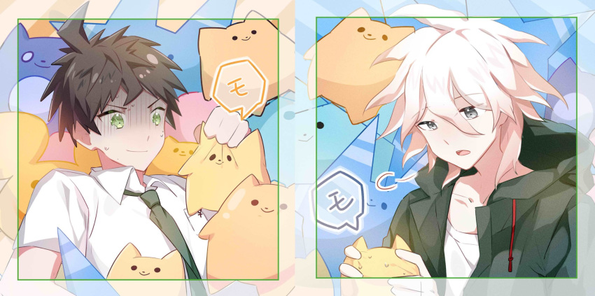 2boys ahoge bangs collarbone collared_shirt copyright_request danganronpa green_eyes green_jacket green_neckwear hair_between_eyes hand_up hands_up highres hinata_hajime holding hood hooded_jacket jacket komaeda_nagito male_focus midou_(grk12138) multiple_boys necktie open_mouth shaded_face shirt short_sleeves stuffed_toy super_danganronpa_2 sweat translation_request white_shirt