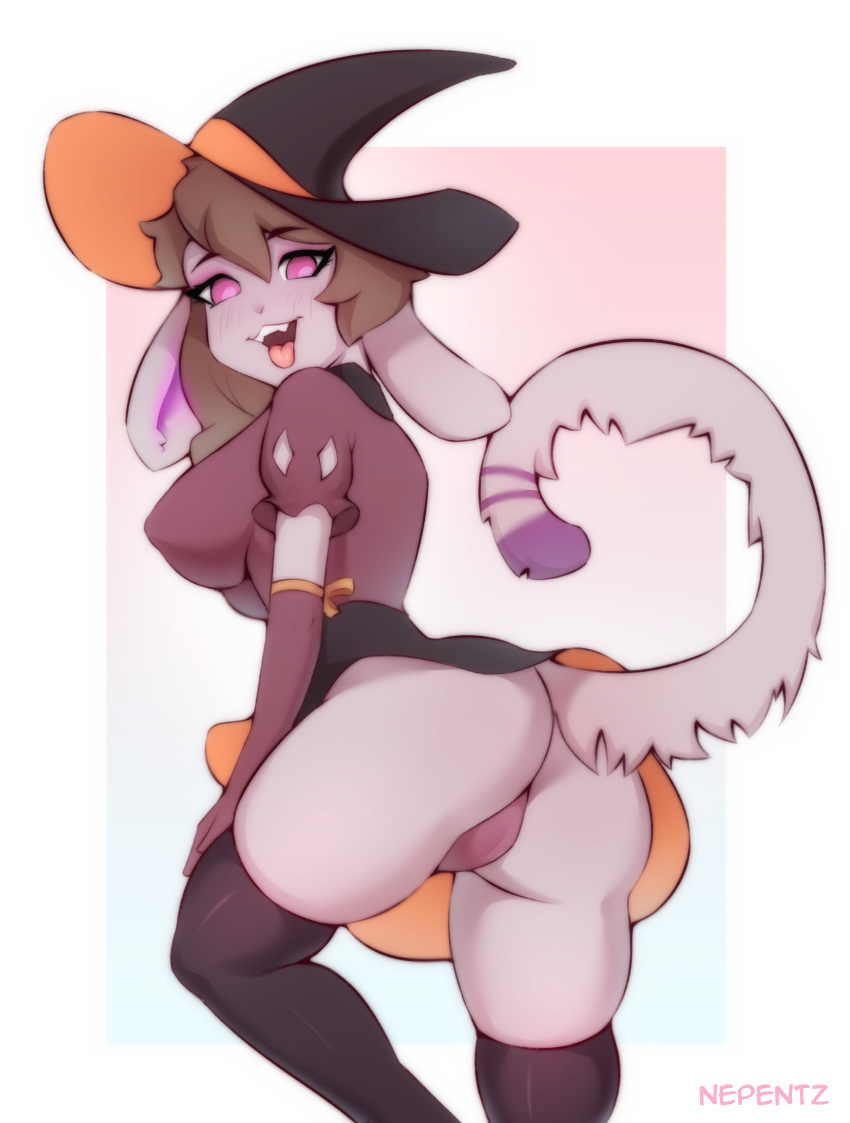 absurd_res anthro bottomwear clothed clothing clothing_lift dress female hi_res legwear magic_user mammal nepentz panties raised_clothing raised_skirt raised_tail skirt skirt_lift solo stockings tongue tongue_out underwear witch