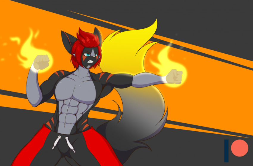 abs angry anthro canid canine clothed clothing elemental_manipulation fire fire_manipulation flaming_fist fox hair male mammal mastergodai muscular muscular_male punch red_hair solo sweatpants teeth topless topless_male