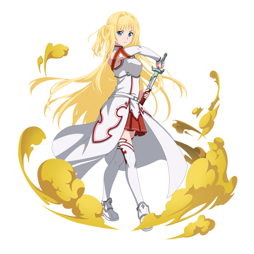 1girl alice_zuberg asuna_(sao) asuna_(sao)_(cosplay) bangs blonde_hair blue_eyes braid breastplate closed_mouth cosplay detached_sleeves floating_hair french_braid frown full_body hair_intakes highres holding holding_sheath holding_sword holding_weapon long_hair long_sleeves miniskirt official_art pleated_skirt red_skirt sheath skirt solo standing sword sword_art_online sword_art_online:_memory_defrag thighhighs transparent_background unsheathing very_long_hair waist_cape walking weapon white_legwear white_sleeves zettai_ryouiki