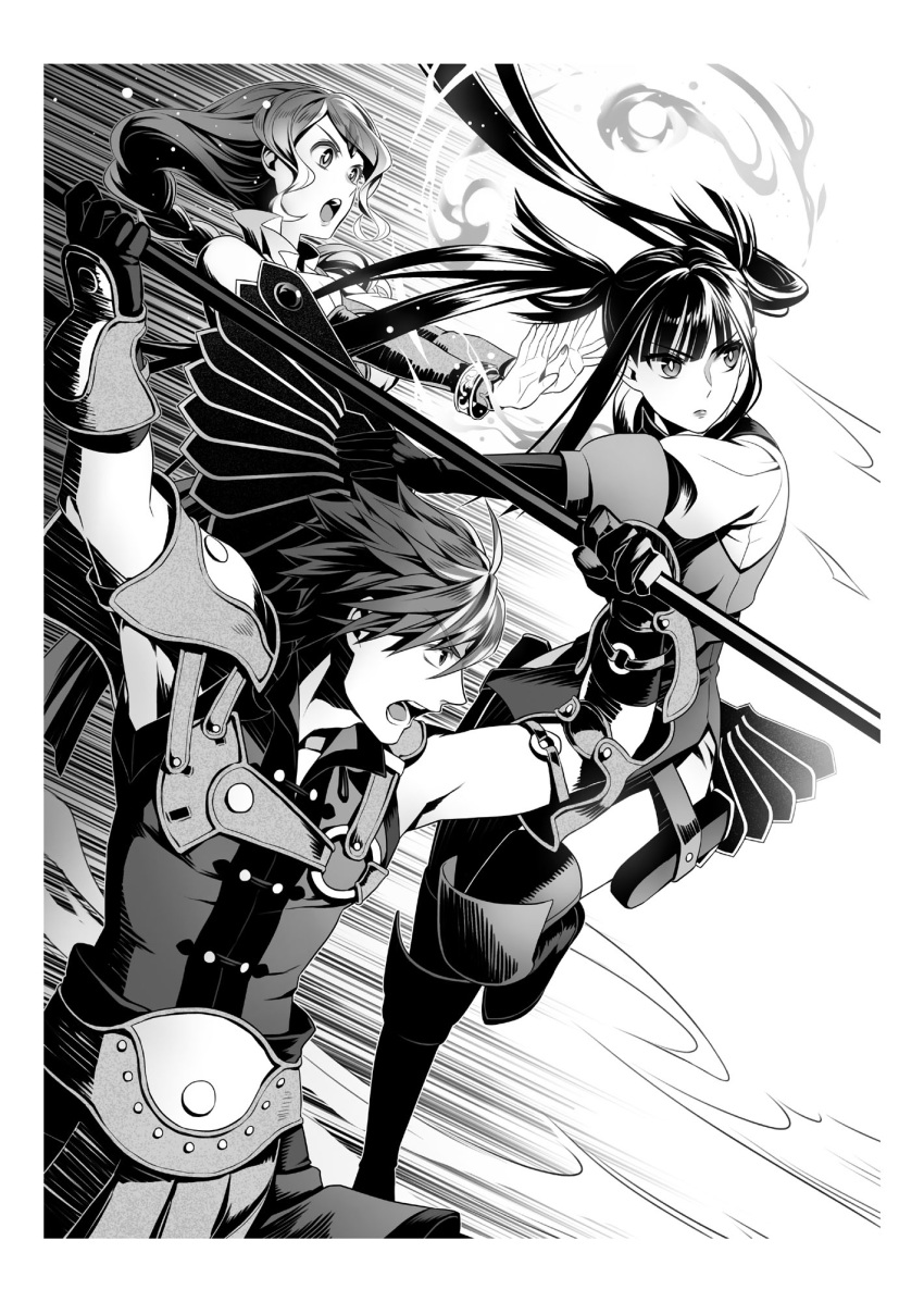 1boy 2girls armor arms_up bangs border braid braided_ponytail closed_mouth fan fighting floating_hair from_side glass_(tate_no_yuusha_no_nariagari) greyscale highres holding holding_fan holding_scythe l'arc_berg_sickle long_hair minami_seira monochrome multiple_girls novel_illustration official_art open_mouth outside_border ponytail scythe shiny shiny_hair shoulder_armor swept_bangs tate_no_yuusha_no_nariagari therese_alexanderite twintails very_long_hair white_border