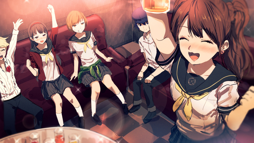 1boy 4girls :d ^_^ alcohol amagi_yukiko arm_up beer beer_mug black_footwear black_pants blue_headwear blush breasts brown_eyes brown_hair checkered checkered_floor closed_eyes clothes_around_waist collared_shirt couch cup dress_shirt drunk flower green_jacket grey_skirt hat highres indoors jacket jacket_around_waist kujikawa_rise kuma_(persona_4) long_hair misaki_nonaka mug multiple_girls neckerchief nose_blush on_couch open_clothes open_jacket open_mouth pants peaked_cap persona persona_4 pleated_skirt red_flower red_jacket red_rose rose satonaka_chie school_uniform serafuku shirogane_naoto shirt shoes short_hair short_sleeves sitting skirt small_breasts smile socks table twintails very_long_hair white_legwear white_shirt yellow_neckwear