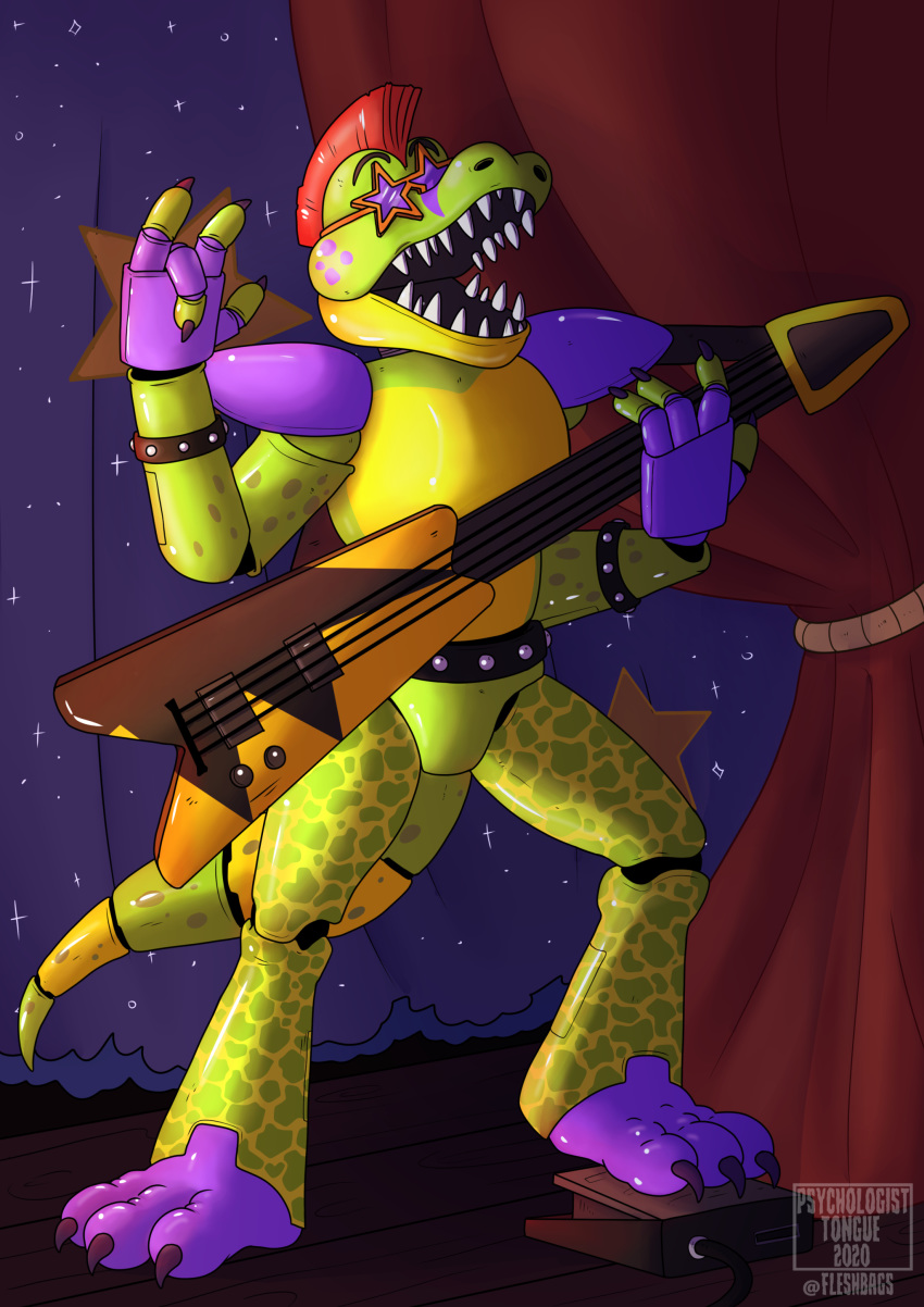 2020 absurd_res alligator alligatorid animatronic anthro black_claws black_eyebrows black_nails bodypaint bottomwear bracelet claws clothed clothing colored_nails crocodilian curtains eyebrows face_paint five_nights_at_freddy's five_nights_at_freddy's:_security_breach green_body green_nose green_tail guitar hair hand-horns hi_res jewelry machine male mohawk_(hairstyle) montgomery_gator_(fnaf) multicolored_body multicolored_face multicolored_glasses multicolored_tail musical_instrument nails open_mouth orange_glasses pants plucked_string_instrument pseudo_clothing psychologistart purple_body purple_feet purple_glasses raised_arm red_hair reptile robot rockstar scalie sharp_claws sharp_teeth short_hair solo standing star star_glasses string_instrument teeth toe_claws topless video_games yellow_body yellow_face yellow_tail