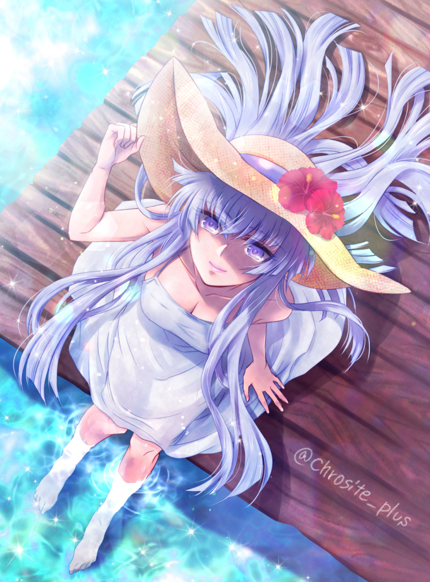 1girl bangs barefoot breasts cleavage clenched_teeth closed_mouth collarbone crosstear dress eyebrows_visible_through_hair floating_hair flower from_above hair_between_eyes hair_flower hair_ornament hat hat_ribbon highres kido_saori long_hair looking_at_viewer looking_up medium_breasts medium_dress outdoors purple_eyes purple_ribbon red_flower ribbon saint_seiya silver_hair sitting sleeveless sleeveless_dress smile soaking_feet solo spaghetti_strap summer sun_hat sundress teeth twitter_username very_long_hair water white_dress yellow_headwear