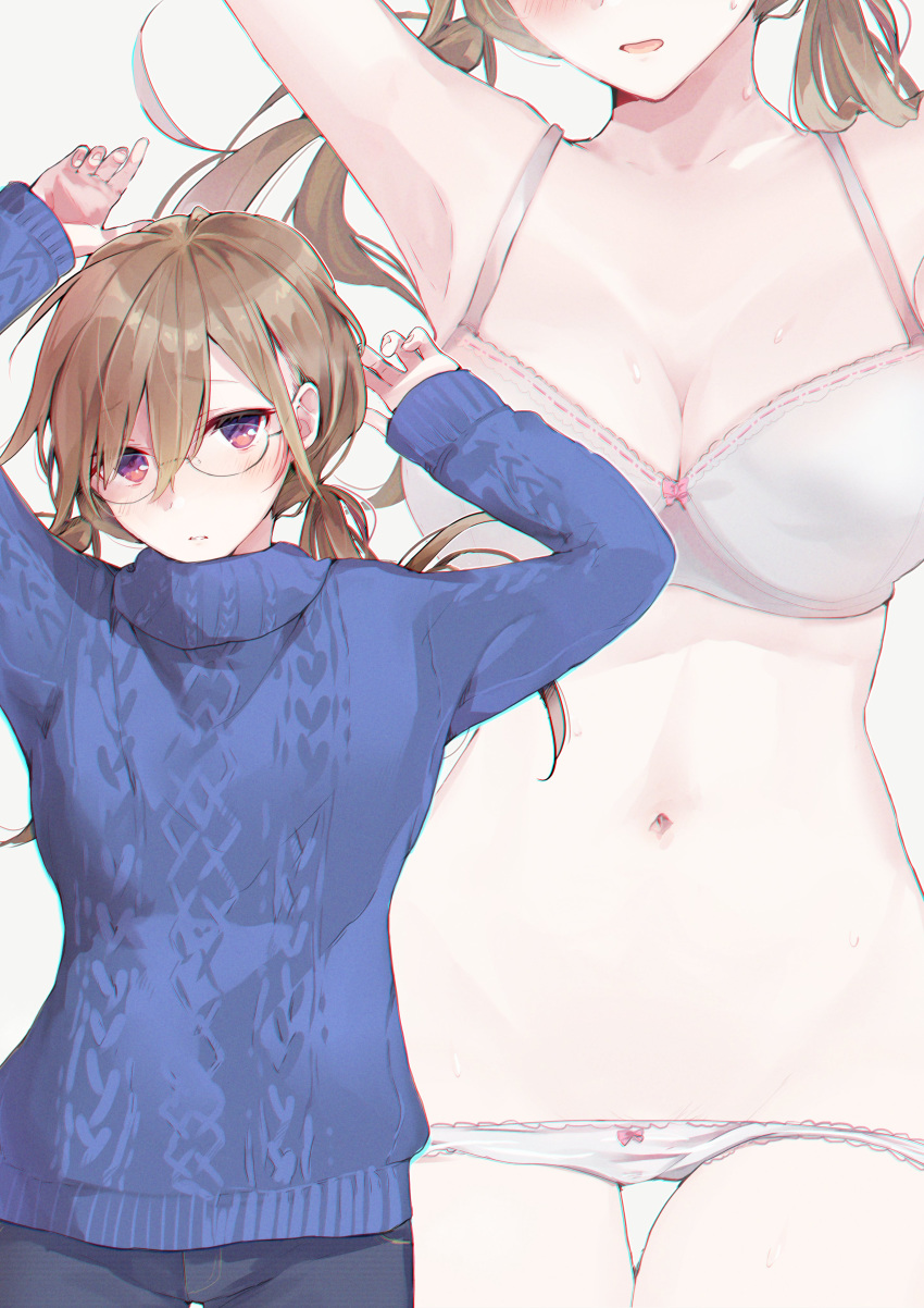 1girl absurdres aran_sweater arms_up bangs black_pants blue_sweater blush bow bow_bra bow_panties bra breasts brown_hair cleavage closed_mouth collarbone commentary eyebrows_visible_through_hair glasses grey_background hair_between_eyes head_out_of_frame highres long_hair long_sleeves looking_at_viewer low_twintails medium_breasts multiple_views navel original panties pants panty_pull parted_lips red_eyes simple_background sleeves_past_wrists sweat sweater symbol_commentary tomozero turtleneck turtleneck_sweater twintails underwear white_bra white_panties