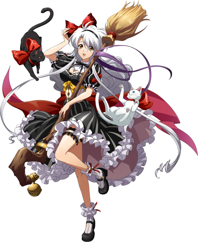 1girl absurdres black_dress black_footwear black_hairband black_ribbon bow breasts broom cat claret_(langrisser) cleavage dress floating_hair frilled_legwear full_body hair_bow hairband highres holding holding_broom langrisser langrisser_v leg_up long_hair mary_janes medium_breasts medium_dress neck_ribbon official_art red_bow ribbon shoes short_sleeves sidelocks silver_hair socks solo standing standing_on_one_leg striped striped_dress striped_legwear transparent_background underbust vertical-striped_dress vertical-striped_legwear vertical_stripes very_long_hair white_legwear yellow_bow