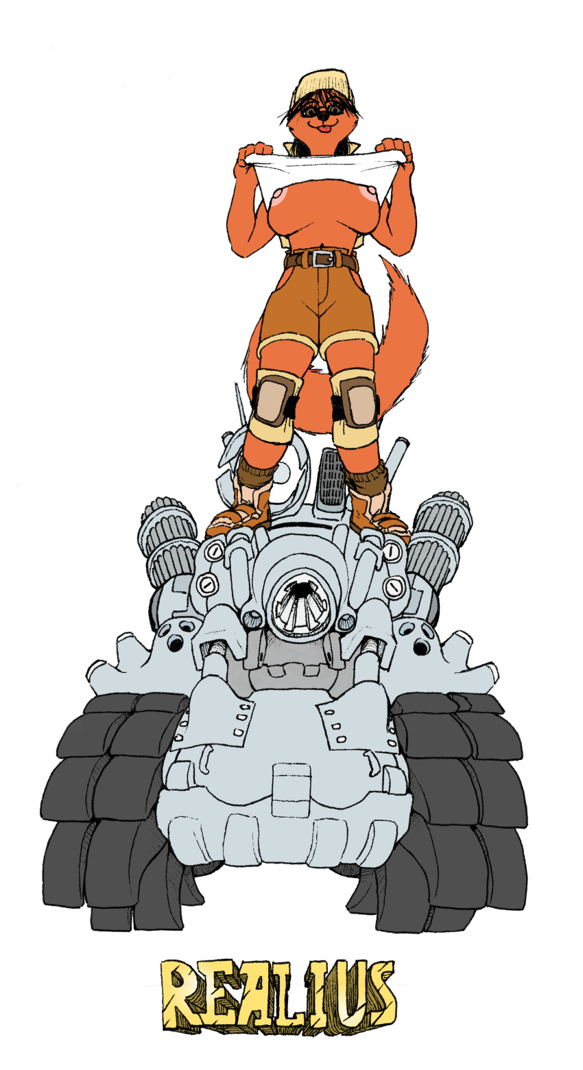 absurd_res alternate_species anthro anthrofied belt big_breasts bottomwear breasts canid canine clothed clothing female fio_germi flashing footwear fur gun hat headgear headwear hi_res knee_pads machine_gun mammal metal_slug nipples orange_body orange_fur ranged_weapon realius shoes shorts sky solo standing tank vehicle weapon