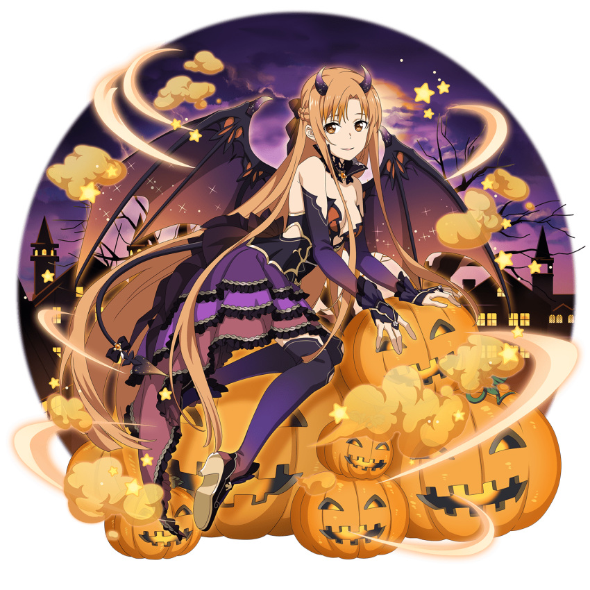 1girl asuna_(sao) bow braid breasts bridal_gauntlets brown_bow brown_eyes brown_hair cleavage demon_tail demon_wings detached_sleeves dress floating_hair french_braid full_body hair_bow halloween halloween_costume high_heels highres horns layered_dress long_hair long_sleeves looking_at_viewer medium_breasts moon multicolored multicolored_wings official_art open_mouth pump pumpkin purple_dress purple_legwear purple_sky purple_sleeves purple_wings shiny shiny_hair short_dress smile solo strapless strapless_dress sword_art_online sword_art_online:_memory_defrag tail thighhighs transparent_background very_long_hair wings