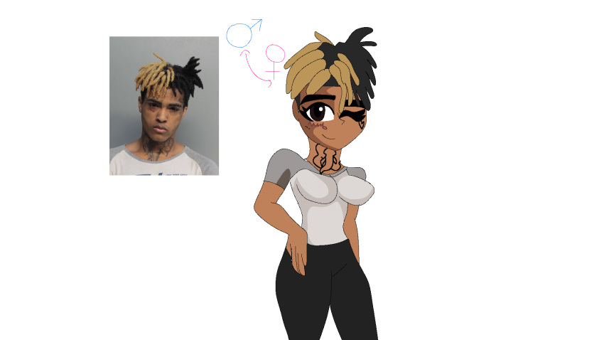 1girl black_hair black_pants blonde_hair breasts genderswap genderswap_(mtf) grey_shirt highres pants shirt solo xxxtentacion