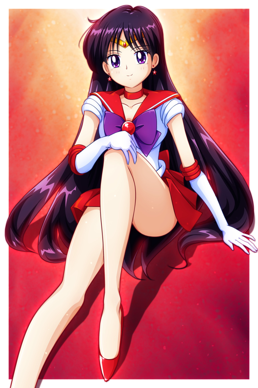 1girl bangs bishoujo_senshi_sailor_moon black_hair border choker circlet closed_mouth collarbone collared_shirt elbow_gloves gloves hand_on_own_knee highres long_hair looking_at_viewer mimimix miniskirt outside_border pleated_skirt pumps purple_eyes red_background red_choker red_footwear red_sailor_collar red_skirt sailor_collar sailor_mars sailor_senshi_uniform sailor_shirt shiny shiny_hair shirt sitting skirt smile solo very_long_hair white_border white_gloves white_shirt