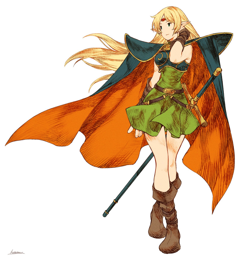 1girl bangs belt blonde_hair blue_cape breastplate brown_footwear cape circlet closed_mouth deedlit dot_nose dress full_body green_dress green_eyes hand_up highres kotatsu_(g-rough) long_hair orange_cape parted_bangs pointy_ears record_of_lodoss_war shoes short_dress signature simple_background smile solo standing two-sided_cape two-sided_fabric white_background