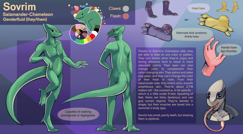 2017 5_fingers absurd_res ambiguous_gender amphibian anthro blep chameleon english_text featureless_crotch feet fingers hi_res hybrid klippy lizard long_tongue model_sheet multicolored_body multicolored_skin nonbinary_(lore) nude pink_tongue reptile salamander_(amphibian) scalie shaded simple_shading solo sovrim_terraquian text tongue tongue_out