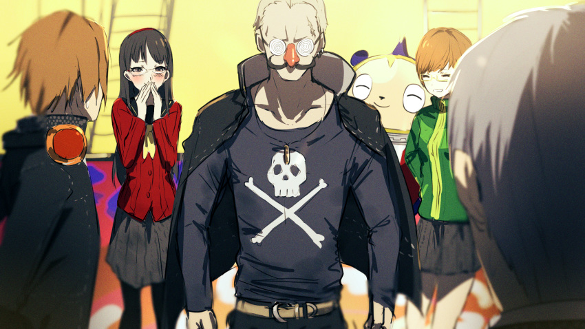 2girls 3boys amagi_yukiko black_hair black_jacket black_legwear black_shirt blush breasts brown_hair closed_eyes closed_mouth fake_facial_hair fake_mustache fake_nose funny_glasses gakuran glasses green_jacket grey_hair grey_skirt grin hanamura_yousuke headphones headphones_around_neck highres jacket jacket_on_shoulders kuma_(persona_4) light_brown_hair long_hair long_sleeves misaki_nonaka multiple_boys multiple_girls narukami_yuu pantyhose persona persona_4 red_jacket satonaka_chie school_uniform shirt skirt small_breasts smile tatsumi_kanji very_long_hair yellow-framed_eyewear