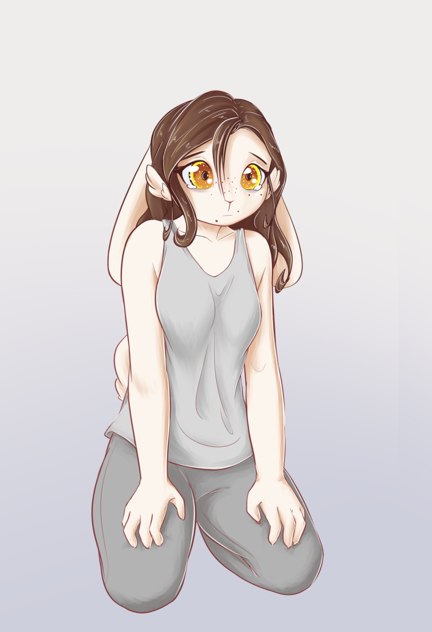 2020 5_fingers alasou anthro breasts brown_eyes brown_hair clothed clothing digital_media_(artwork) eyebrows eyelashes female fingers grey_background hair hi_res kneeling lagomorph leporid mammal rabbit simple_background solo yellow_eyes