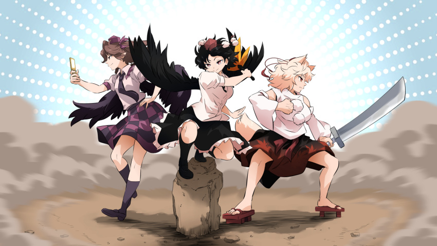 3girls animal_ears bangs bare_legs bird_wings black_footwear black_hair black_legwear black_neckwear black_ribbon black_skirt black_wings blue_background boulder breasts brown_hair cellphone check_commentary checkered checkered_skirt closed_mouth collared_shirt commentary_request detached_sleeves dotted_background dust_cloud eyebrows_visible_through_hair fan feathered_wings floating_hair full_body geta hair_ribbon hand_up hat hauchiwa highres himekaidou_hatate holding holding_fan holding_phone holding_sword holding_weapon inubashiri_momiji kneehighs large_breasts lavender_shirt leaf loafers maple_leaf medium_breasts medium_skirt motion_blur multicolored multicolored_clothes multicolored_skirt multiple_girls necktie phone pointy_ears pom_pom_(clothes) pose profile puffy_short_sleeves puffy_sleeves purple_headwear purple_ribbon red_eyes red_footwear red_headwear red_skirt ribbon rock shameimaru_aya shirt shoes short_hair short_sleeves shundou_heishirou silver_hair skirt sleeveless sleeveless_shirt small_breasts smirk smug sword tail tengu tokin_hat touhou turtleneck twintails v-shaped_eyebrows weapon white_hair white_shirt wide_sleeves wing_collar wings wolf_ears wolf_tail