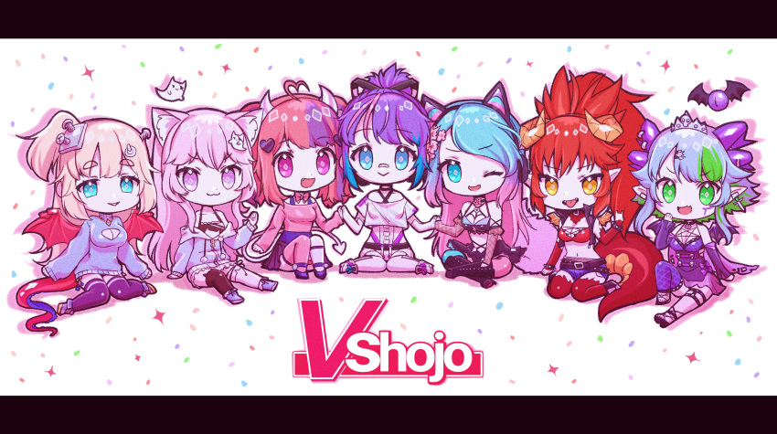 6+girls \m/ absurdres ahoge android bandaid bandaid_on_nose bangs blonde_hair blue_eyes blue_hair breasts bsapricot bsapricot_(vtuber) cat_ear_headphones cat_girl chibi cleavage cleavage_cutout clothing_cutout cross cross_earrings crossed_legs demon_horns demon_tail dragon_horns dragon_tail dragon_wings earrings english_commentary eyebrows_visible_through_hair fang gradient_hair green_eyes green_hair headphones heart_hair highres hime_hajime horns ironmouse jewelry letterboxed lich looking_at_viewer melody_(projektmelody) multicolored_hair multiple_girls nyatasha_nyanners off-shoulder_sweater off_shoulder one_eye_closed pink_eyes pink_hair pointing pointing_at_self pointy_ears projektmelody purple_hair red_hair screw side_ponytail silvervale single_thighhigh sitting sweater tail thighhighs virtual_youtuber vshojo wariza wings zentreya_(vtuber)