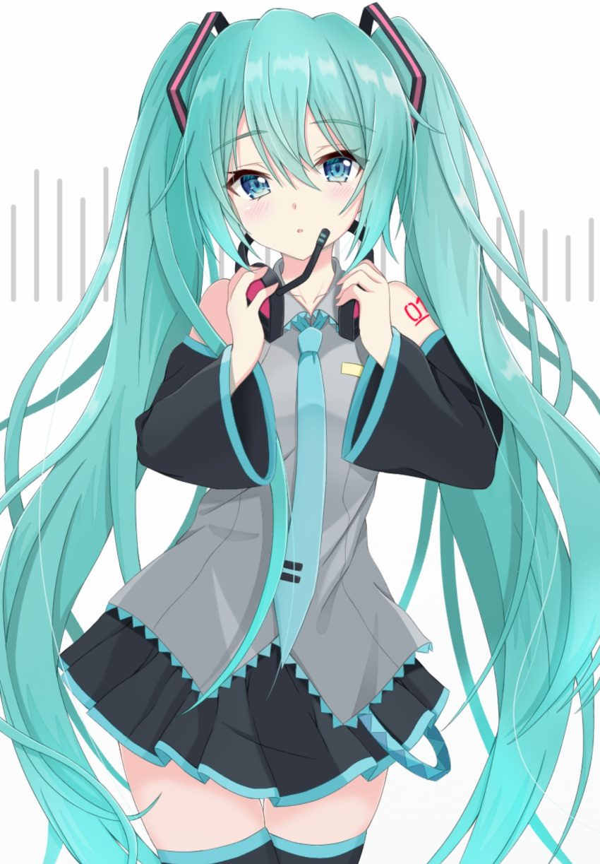 aqua_eyes aqua_hair aqua_neckwear bare_shoulders black_legwear black_skirt black_sleeves commentary cowboy_shot detached_sleeves graphic_equalizer grey_shirt hair_ornament hands_on_headphones hatsune_miku headphones headphones_around_neck headphones_removed headset highres holding holding_headphones light_blush long_hair looking_at_viewer miniskirt mochimugi_rice necktie parted_lips pleated_skirt shirt shoulder_tattoo skirt sleeveless sleeveless_shirt standing tattoo thighhighs twintails very_long_hair vocaloid white_background zettai_ryouiki