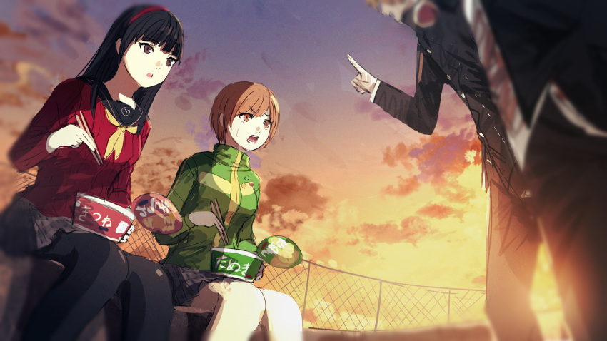 2boys 2girls :d :o amagi_yukiko bangs black_hair black_jacket black_legwear black_pants black_sailor_collar breasts brown_eyes brown_hair chain-link_fence chopsticks eyebrows_visible_through_hair feet_out_of_frame fence gakuran green_jacket grey_skirt hairband hanamura_yousuke hand_up headphones headphones_around_neck highres holding holding_chopsticks index_finger_raised jacket long_hair long_sleeves medium_breasts misaki_nonaka multiple_boys multiple_girls narukami_yuu neckerchief open_clothes open_jacket open_mouth outdoors pants pantyhose parted_lips persona persona_4 pleated_skirt red_hairband red_shirt sailor_collar satonaka_chie school_uniform serafuku shirt sitting skirt smile standing sunset v-shaped_eyebrows white_shirt yellow_neckwear