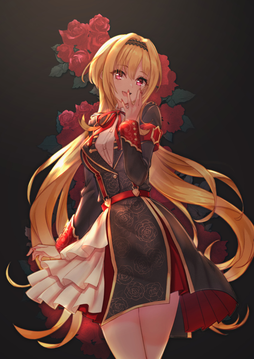 1girl :d bangs black_background black_hairband blonde_hair collared_shirt covering_mouth cowboy_shot dress_shirt eyebrows_visible_through_hair floating_hair flower hair_between_eyes hair_intakes hairband hand_over_own_mouth highres idolmaster idolmaster_cinderella_girls kurosaki_chitose long_hair looking_at_viewer low_twintails miniskirt nail_polish neck_ribbon nost3578 open_mouth pleated_skirt red_eyes red_flower red_nails red_ribbon red_rose red_skirt ribbon rose shiny shiny_hair shirt skirt smile solo standing twintails very_long_hair white_shirt wing_collar